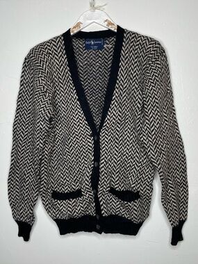 VINTAGE 1990 RALPH LAUREN 100% WOOL CHEVRON STRIPES BUTTON DOWN CARDIGAN SZ M